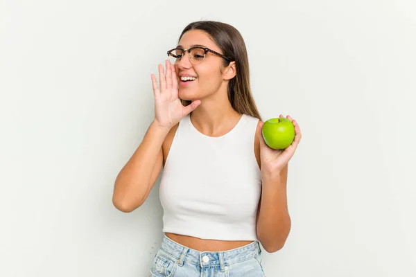 Young Indian Woman Holding Apple Isolated White Background Shouting Holding — Stock Photo, Image