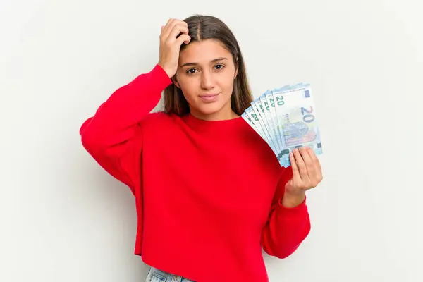 Young Indian Woman Holding Banknotes Isolated White Background Being Shocked — Stock Photo, Image