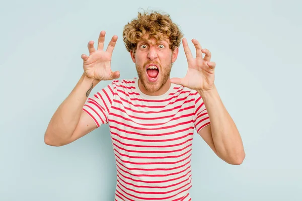 Young Caucasian Man Isolated Blue Background Showing Claws Imitating Cat — Stock Photo, Image