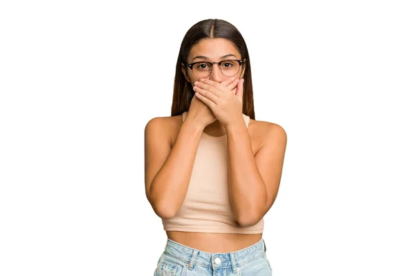 Young Indian Woman Isolated Cutout Removal Background Shocked Covering Mouth — Stock Photo, Image