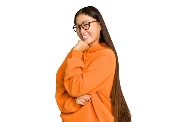 Joven Mujer Asiática Aislada Sobre Fondo Croma Verde Sonriendo Feliz —  Fotos de Stock