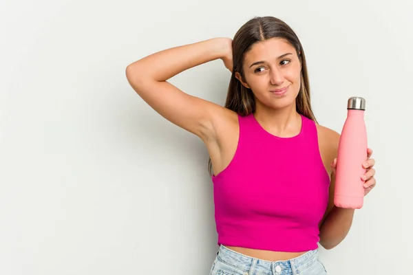 Junge Indische Frau Mit Einem Rosa Thermo Isoliert Auf Weißem — Stockfoto