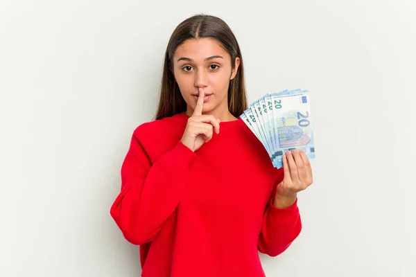 Young Indian Woman Holding Banknotes Isolated White Background Keeping Secret — Stock Photo, Image