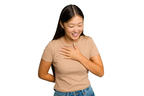 Jeune Femme Asiatique Isolée Sur Fond Chroma Verte Riant Gardant — Photo