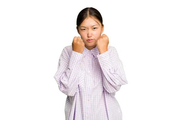 Jong Aziatisch Vrouw Geïsoleerd Groen Chroma Achtergrond Tonen Vuist Naar — Stockfoto