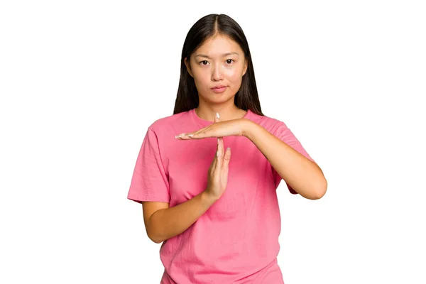 Ung Asiatisk Kvinna Isolerad Grön Krom Bakgrund Visar Timeout Gest — Stockfoto