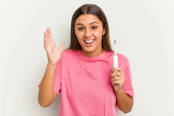 Young Indian Woman Brushing Teeth Isolated White Background Receiving Pleasant — Stock Photo, Image