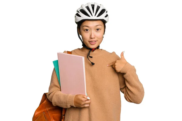 Mladý Student Asijské Žena Sobě Cyklistické Helmy Izolované Zeleném Chroma — Stock fotografie