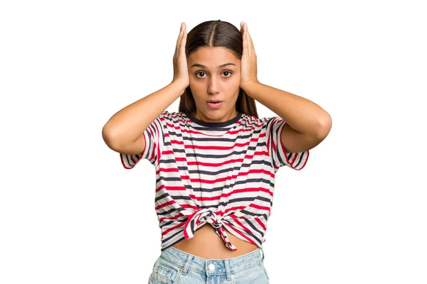 Young Indian Woman Isolated Cutout Removal Background Being Shocked She — Stock Photo, Image