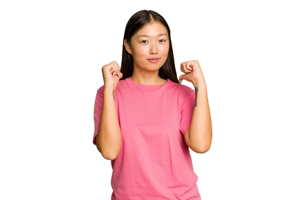 Jeune Femme Asiatique Isolée Sur Fond Chrome Vert Sent Fière — Photo