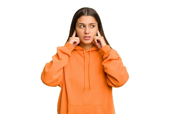 Young Indian Woman Isolated Cutout Removal Background Covering Ears Fingers — Stock Photo, Image