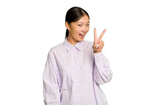 Jeune Femme Asiatique Isolé Sur Fond Chroma Vert Montrant Numéro — Photo
