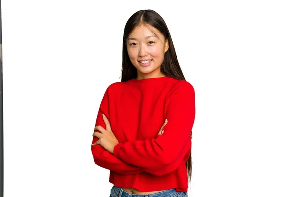 Jong Aziatische Vrouw Geïsoleerd Groen Chroma Achtergrond Gelukkig Glimlachen Vrolijk — Stockfoto