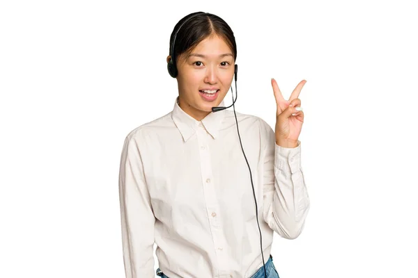 Telemarketer Asiatische Frau Arbeitet Mit Einem Headset Isoliert Auf Grünem — Stockfoto