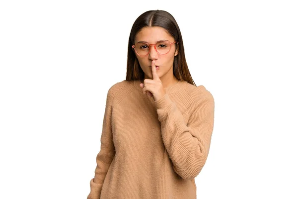 Young Indian Woman Isolated Cutout Removal Background Keeping Secret Asking — Stock Photo, Image