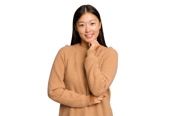 Jovem Mulher Asiática Isolada Fundo Croma Verde Sorrindo Feliz Confiante — Fotografia de Stock