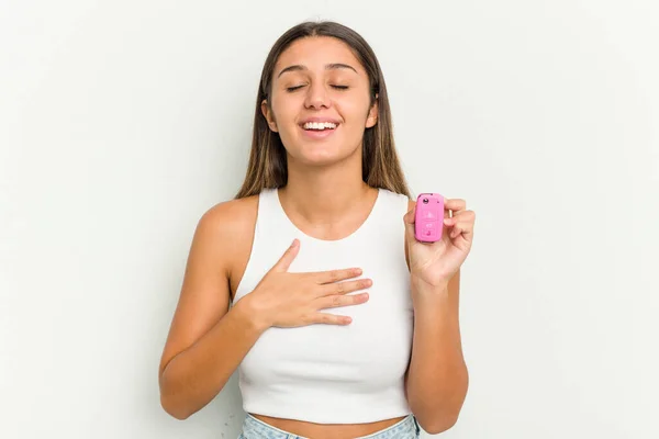 Young Indian Woman Holding Electronic Pink Car Keys Laughs Out — Stock Photo, Image