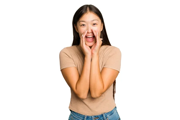 Jonge Aziatische Vrouw Geïsoleerd Groene Chroma Achtergrond Zeggen Een Roddel — Stockfoto