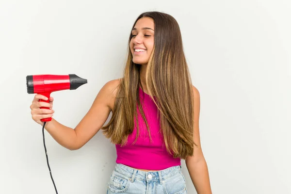 Young Indian Woman Holding Hairdryer Isolated White Background — Stock Photo, Image