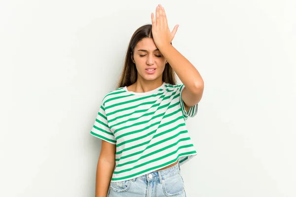 Young Indian Woman Isolated White Background Forgetting Something Slapping Forehead — Stock Photo, Image