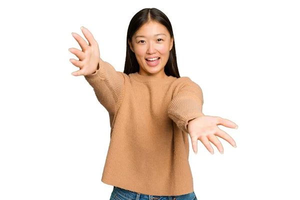 Jeune Femme Asiatique Isolé Sur Fond Chrome Vert Sent Confiant — Photo