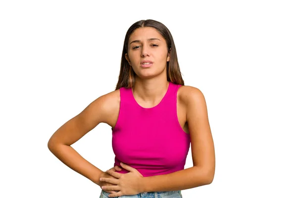 Young Indian Woman Isolated Cutout Removal Background Having Liver Pain — Stock Photo, Image