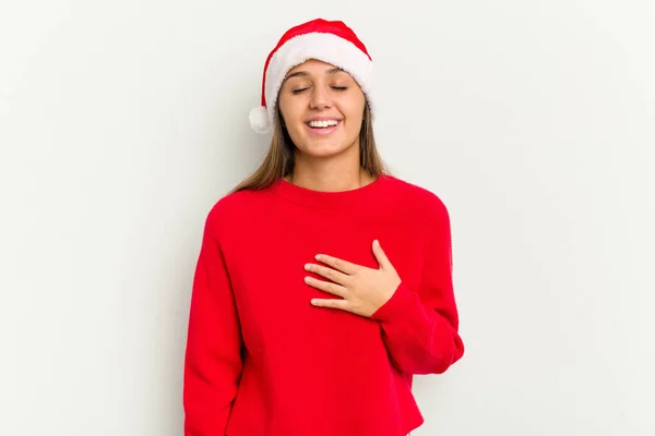 Genç Hintli Kadın Noel Beyaz Arka Planda Yalnız Kutluyor Kahkahalar — Stok fotoğraf