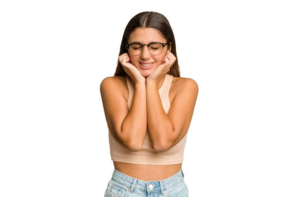 Young Indian Woman Isolated Cutout Removal Background Covering Ears Hands — Stock Photo, Image