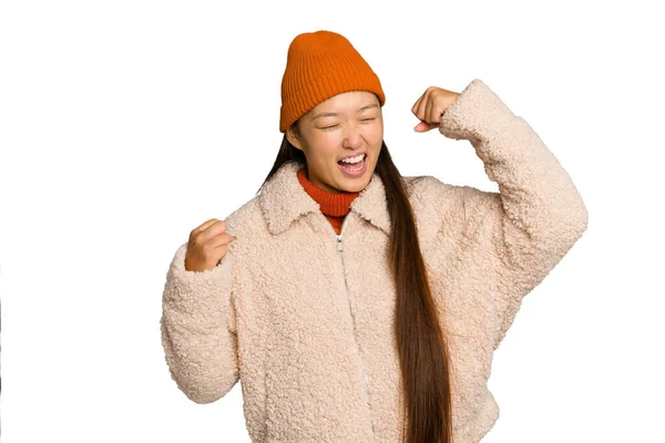 Young Asian Woman Wearing Winter Clothes Isolated Green Chroma Background — Stock Photo, Image