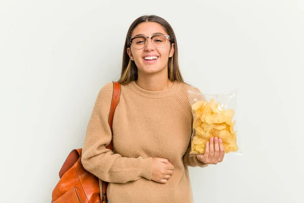 Junge Studentin Indische Frau Mit Crips Isoliert Auf Weißem Hintergrund — Stockfoto