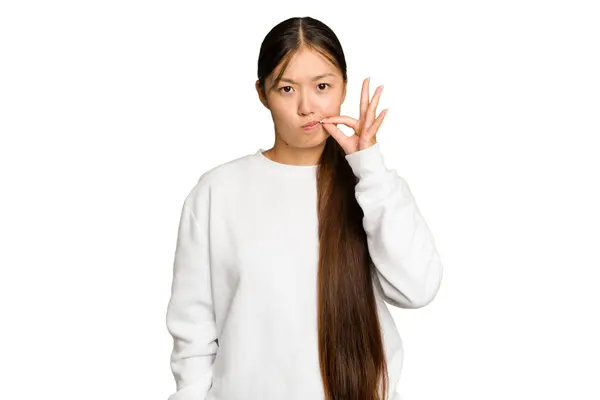 Joven Mujer Asiática Aislada Sobre Fondo Croma Verde Con Los —  Fotos de Stock