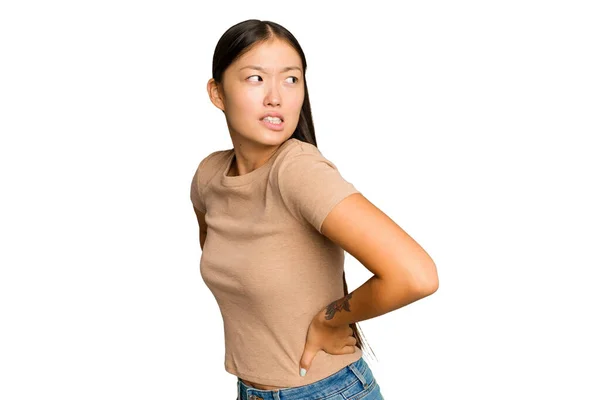 Young Asian Woman Isolated Green Chroma Background Suffering Back Pain — Stock Photo, Image
