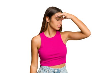 Genç Hintli kadın, kafa ağrısı çeken, yüzünün ön kısmına dokunan kesik izlerini izole etti..