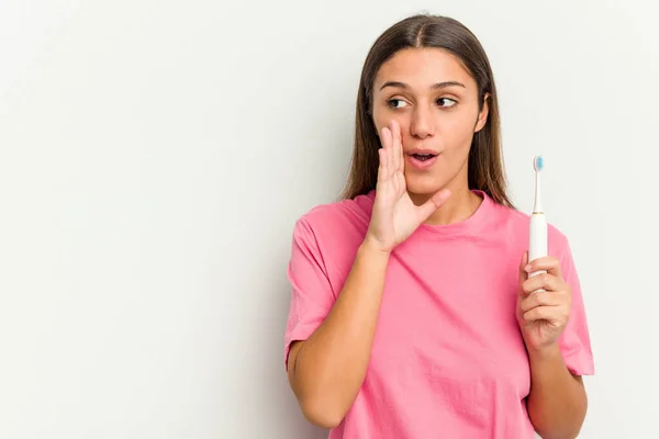 Young Indian Woman Brushing Teeth Isolated White Background Saying Secret — Stock Photo, Image