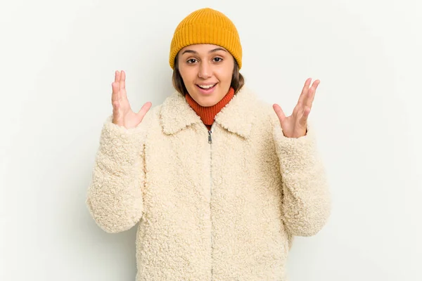 Young Indian Woman Wearing Winter Jacket Isolated White Background Receiving — Stock Photo, Image