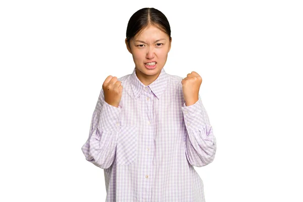 Young Asian Woman Isolated Green Chroma Background Upset Screaming Tense — Stock Photo, Image