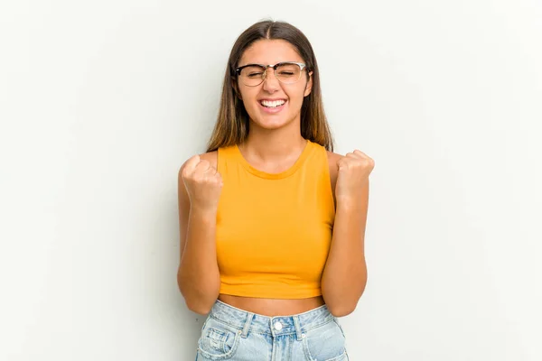 Young Indian Woman Isolated White Background Cheering Carefree Excited Victory — Stock Photo, Image