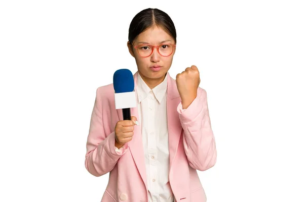 Young Asian Presenter Isolated Green Chroma Background Showing Fist Camera — Stock Photo, Image