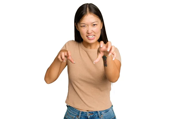 Young Asian Woman Isolated Green Chroma Background Showing Claws Imitating — Stock Photo, Image