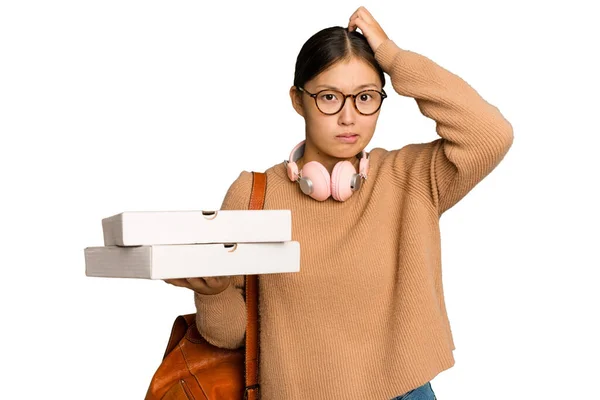 Mladá Studentka Asijské Ženy Držící Pizzy Izolované Zeleném Chromu Pozadí — Stock fotografie