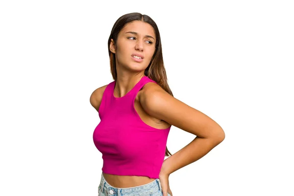 Young Indian Woman Isolated Cutout Removal Background Suffering Back Pain — Stock Photo, Image