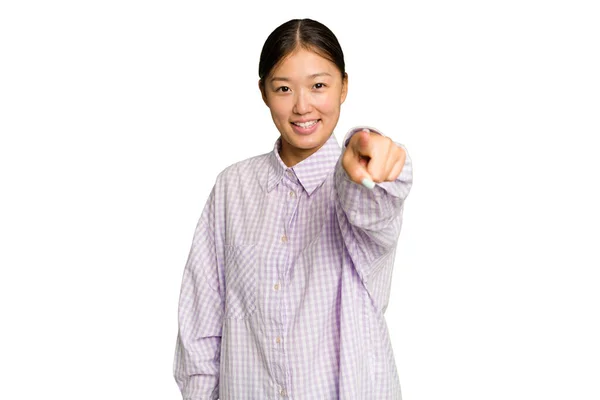 Mladý Asijské Žena Izolovaný Zelený Chroma Pozadí Veselý Úsměvy Ukazující — Stock fotografie