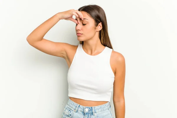 Young Indian Woman Isolated White Background Having Head Ache Touching — Stock Photo, Image