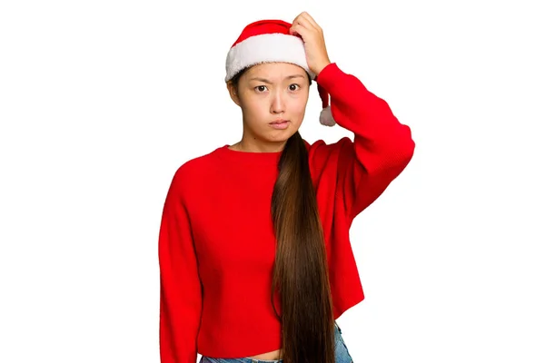 Junge Asiatische Frau Die Weihnachten Isoliert Auf Grünem Chromhintergrund Feiert — Stockfoto