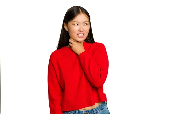 Genç Asyalı Kadın Yeşil Renkli Arka Planda Izole Edilmiş Kafasının — Stok fotoğraf