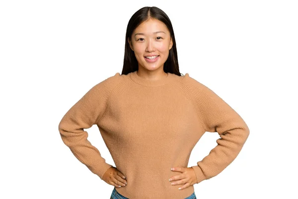 Young Asian Woman Isolated Green Chroma Background Confident Keeping Hands — Stock Photo, Image