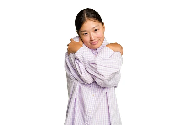 Young Asian Woman Isolated Green Chroma Background Hugs Smiling Carefree — Stock Photo, Image
