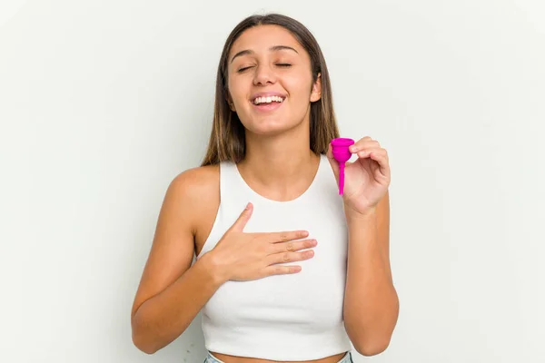 Young Woman Holding Menstrual Cup Isolated White Background Laughs Out — Stock Photo, Image