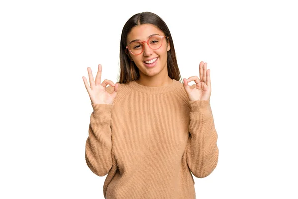 Young Indian Woman Isolated Cutout Removal Background Cheerful Confident Showing — Stock Photo, Image