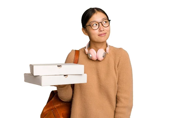 Giovane Studente Donna Asiatica Possesso Pizze Isolate Sfondo Verde Cromato — Foto Stock